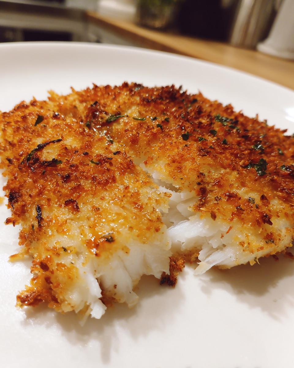 Close-up of a perfectly cooked parmesan crusted tilapia fillet, showing the flaky white fish inside the golden crust.