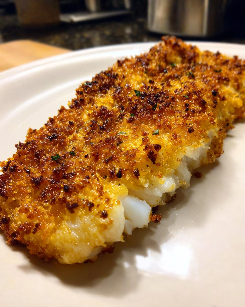 Close-up of a flaky white fish fillet with a golden-brown, crispy parmesan crusted tilapia topping.