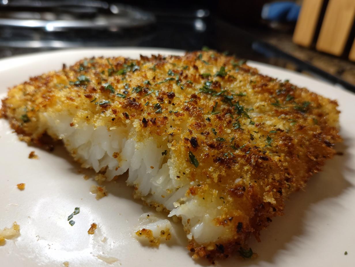 Close-up of a perfectly cooked parmesan crusted tilapia fillet showing flaky white fish inside and a golden, crispy topping.