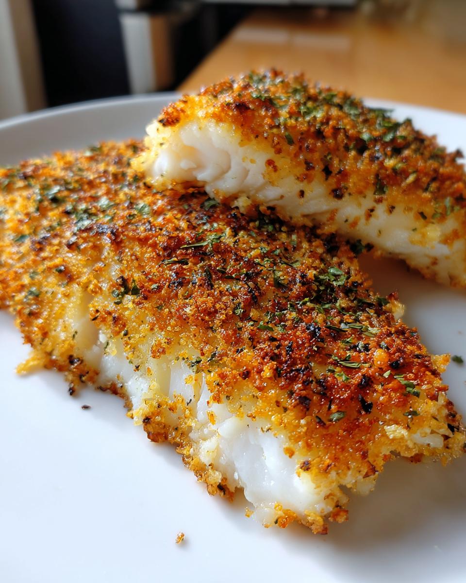 Two pieces of flaky, white fish with a golden-brown, crispy parmesan crusted tilapia topping sprinkled with green herbs.