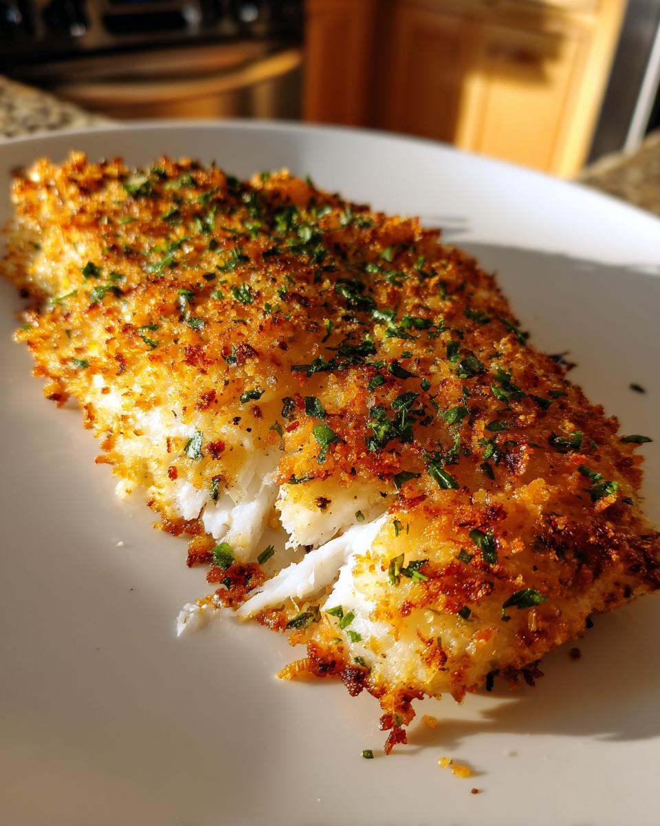 Close-up of a flaky, white fish fillet with a golden, crispy parmesan crusted tilapia topping and fresh parsley.