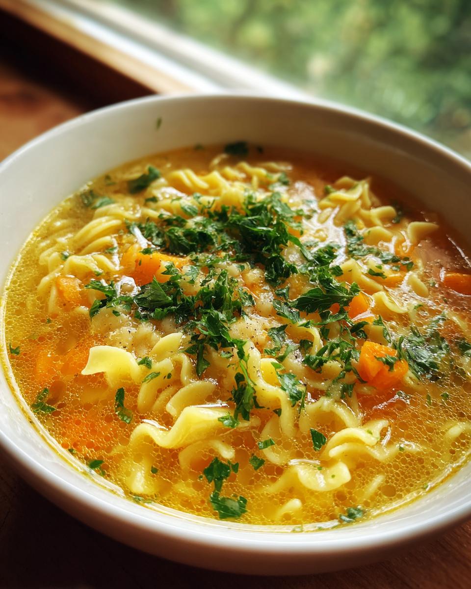 A close-up of a white bowl filled with hot pastina soup, featuring curly pasta, orange carrots, and fresh parsley garnish.