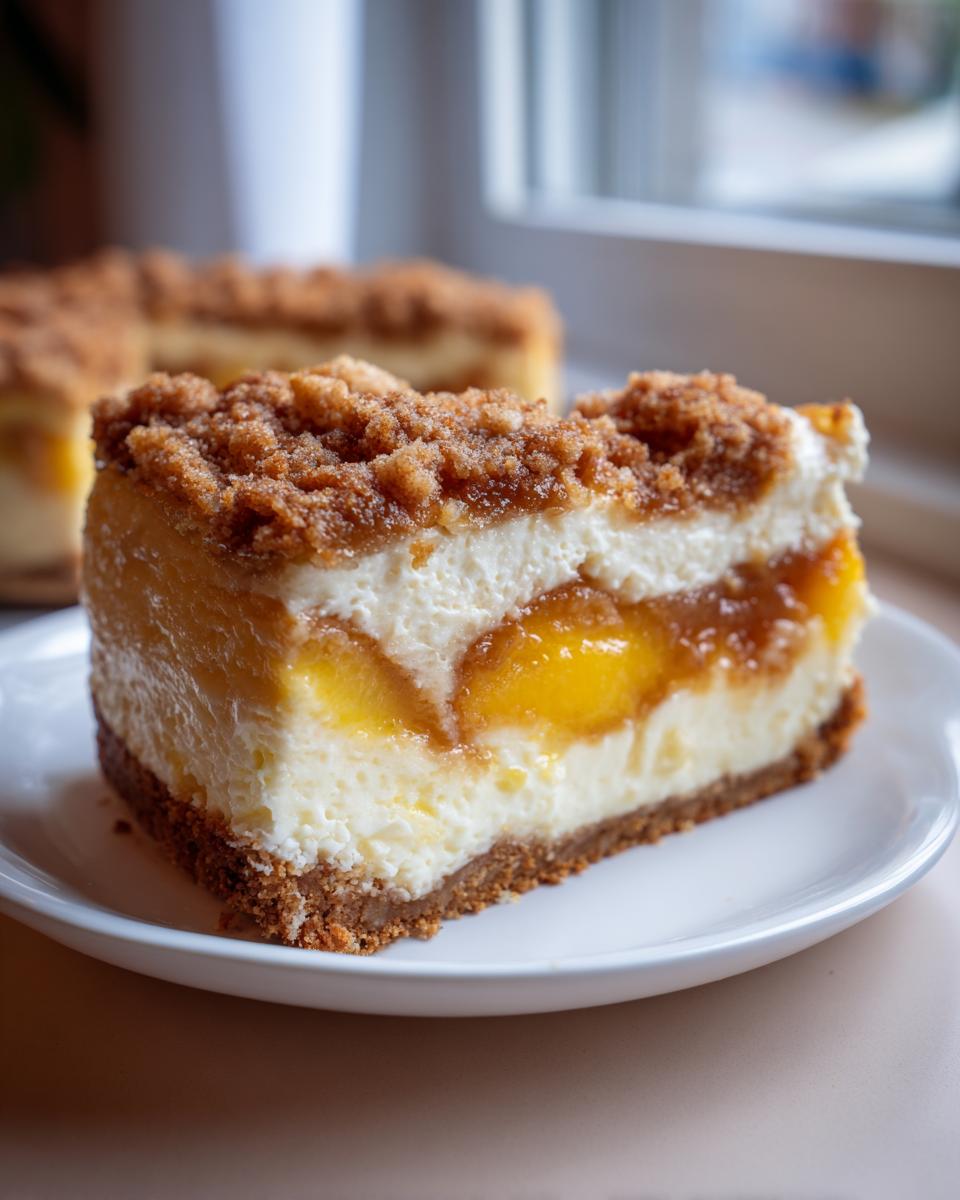 Close-up of a rich slice of peach cobbler cheesecake showing layers of crust, creamy filling, peaches, and a brown sugar crumble topping.