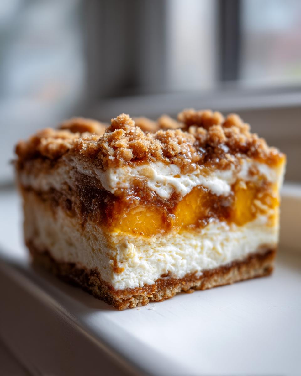 A rich slice of peach cobbler cheesecake showing layers of crust, creamy filling, peaches, and crumble topping.