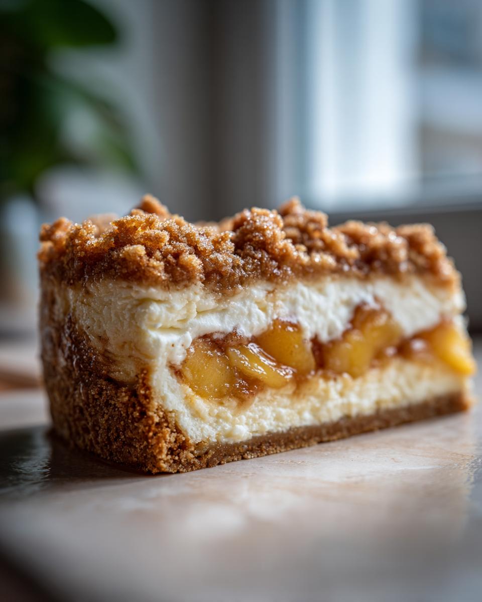Close-up of a decadent slice of peach cobbler cheesecake showing layers of crust, creamy filling, peaches, and crumble topping.