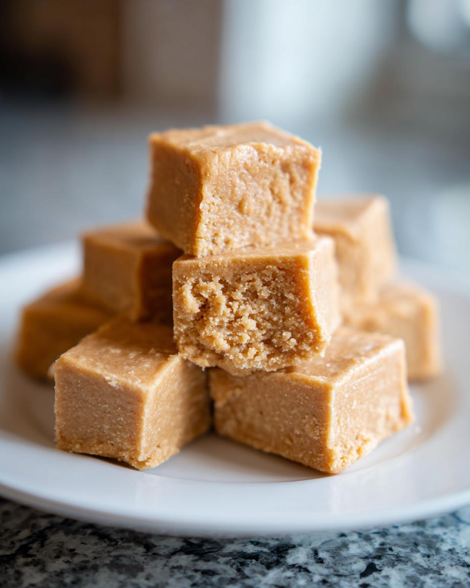 A stack of creamy, light brown cubes from a peanut butter fudge recipe sitting on a white plate.