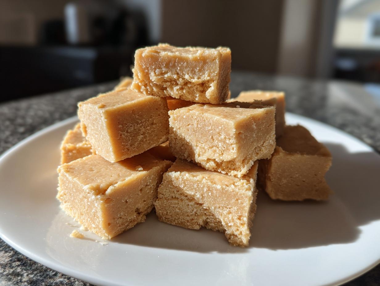 A stack of creamy, light brown peanut butter fudge recipe squares piled on a white plate.