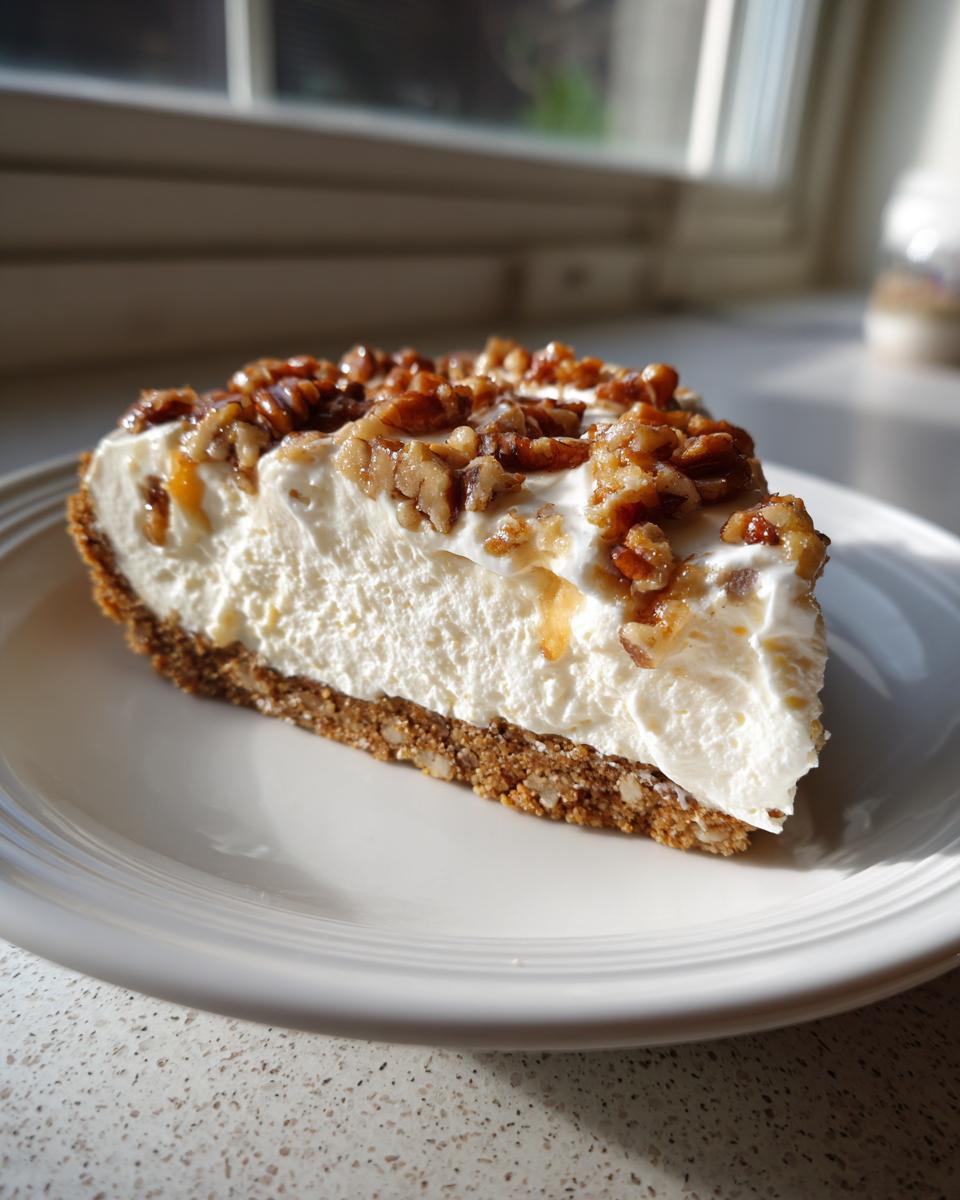 A close-up slice of decadent pecan cream pie featuring a thick graham cracker crust and creamy white filling topped with candied pecans.