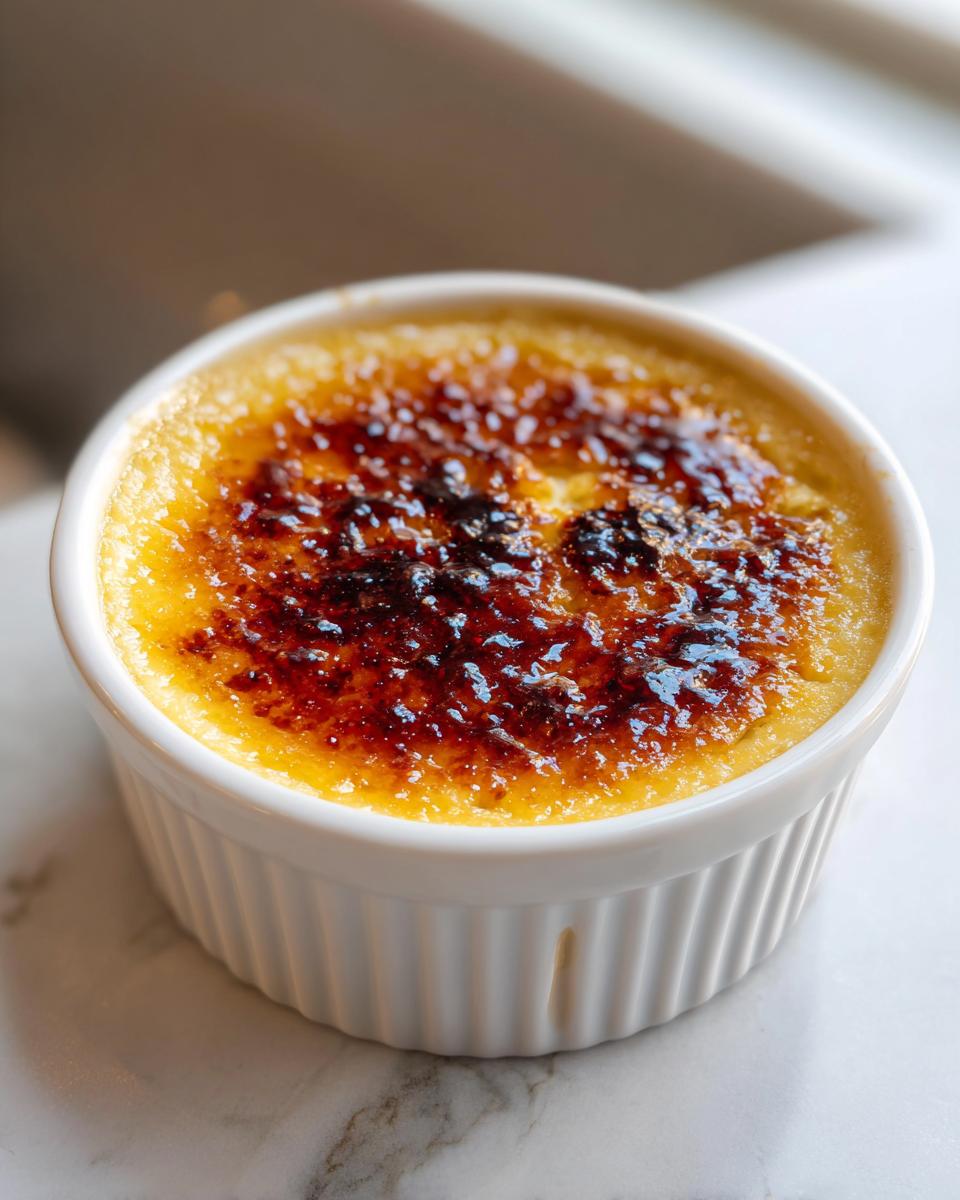 Close-up of a single serving of creme brulee in a white ramekin with a perfectly caramelized, crackly sugar topping.