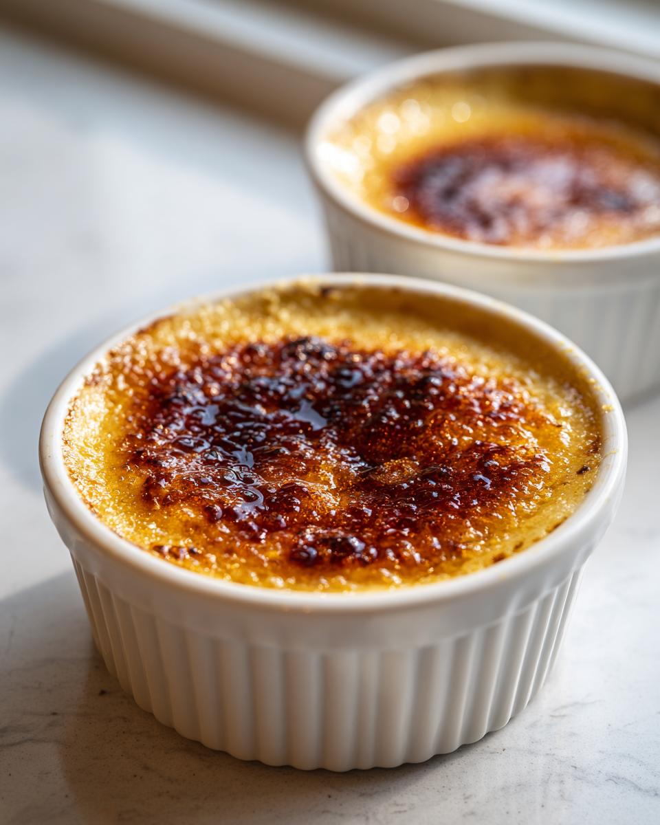 Close-up of a freshly made creme brulee with a dark, caramelized sugar crust in a white ramekin.