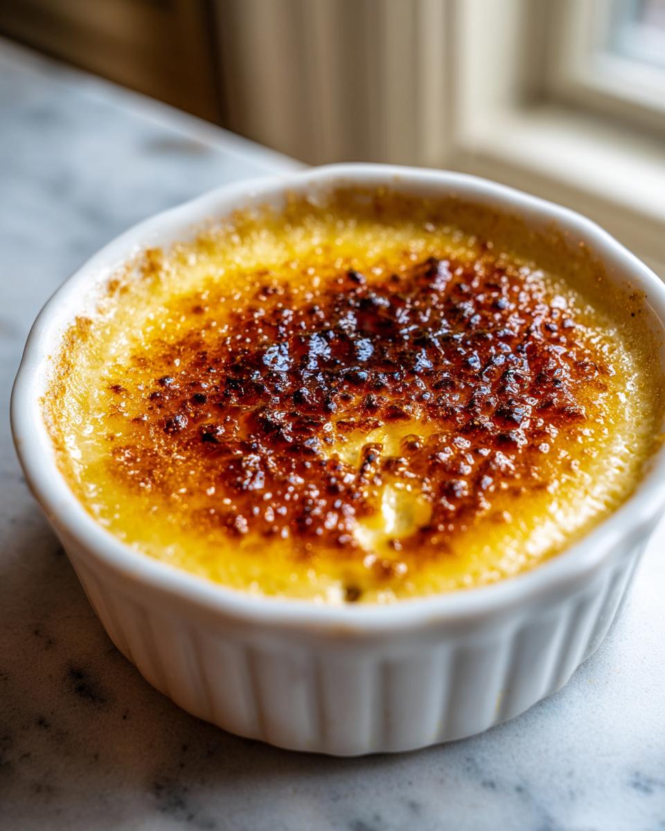 Close-up of a single serving of Creme Brulee in a white ramekin with a perfectly caramelized, dark amber sugar crust.