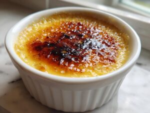 Close-up of a single serving of Creme Brulee in a white ramekin, featuring a dark, perfectly torched sugar crust.