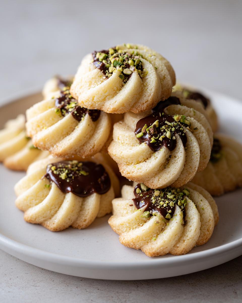 A stack of piped italian butter cookies dipped in chocolate and topped with chopped pistachios.
