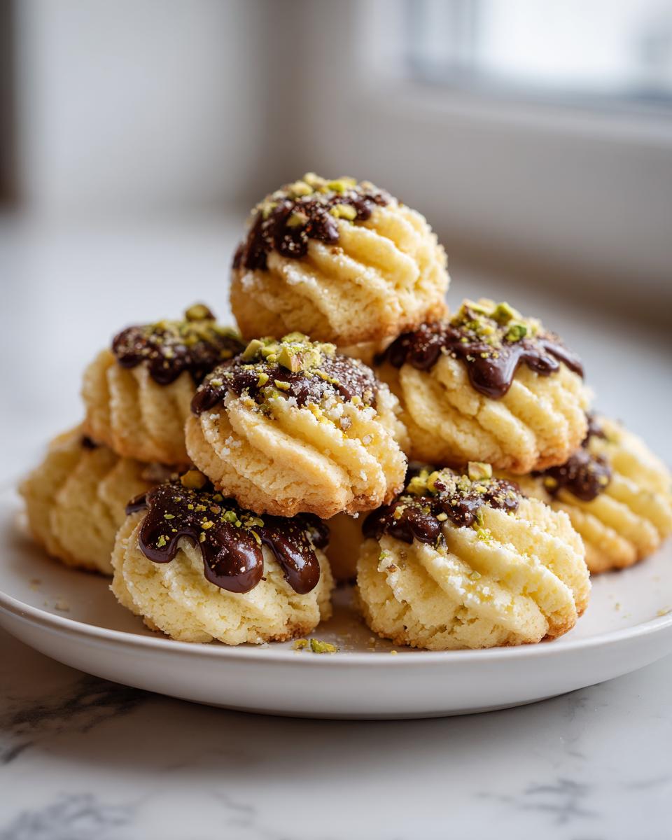 A stack of piped italian butter cookies drizzled with dark chocolate and topped with crushed pistachios.