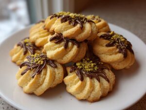 A stack of golden, piped italian butter cookies topped with drizzled chocolate and chopped pistachios on a white plate.