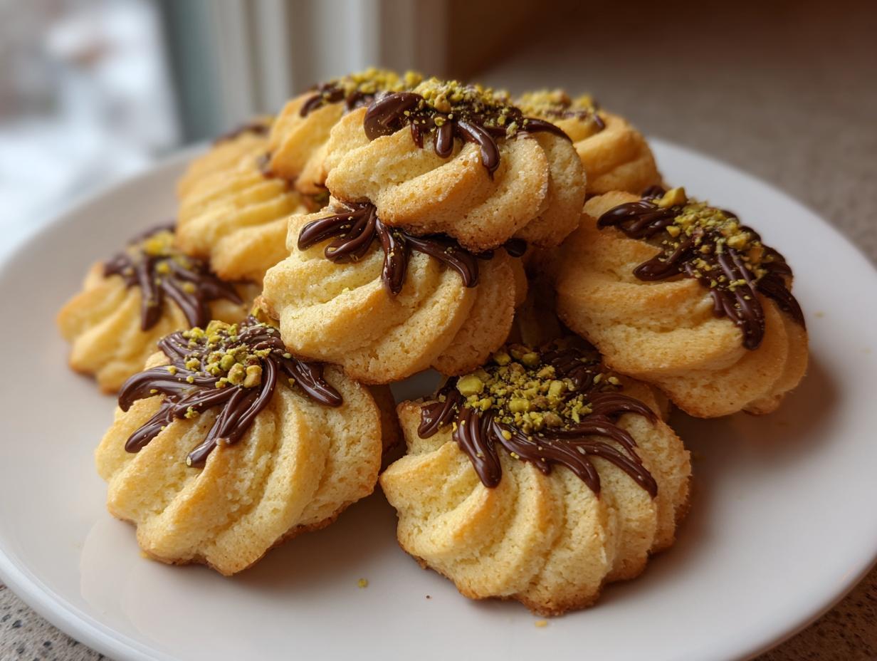 A stack of golden, piped italian butter cookies topped with drizzled chocolate and chopped pistachios on a white plate.