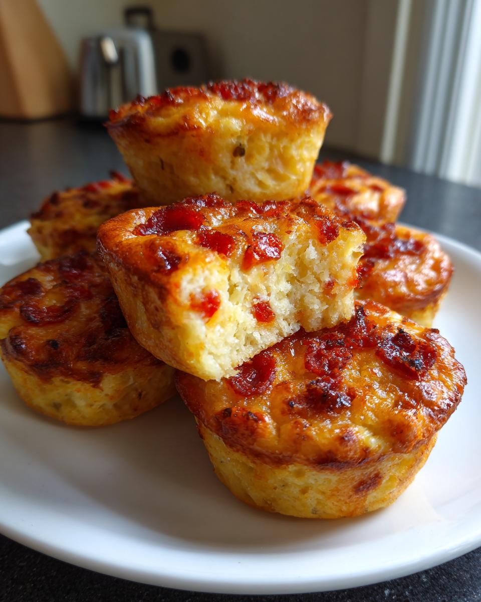 Close-up of several golden-brown pizza muffins stacked on a white plate, one muffin has a bite taken out showing the soft interior.
