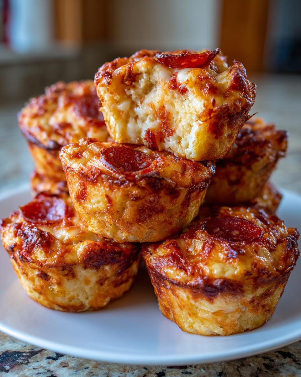 A stack of golden brown, cheesy pizza muffins topped with pepperoni, one muffin is broken open showing the interior.