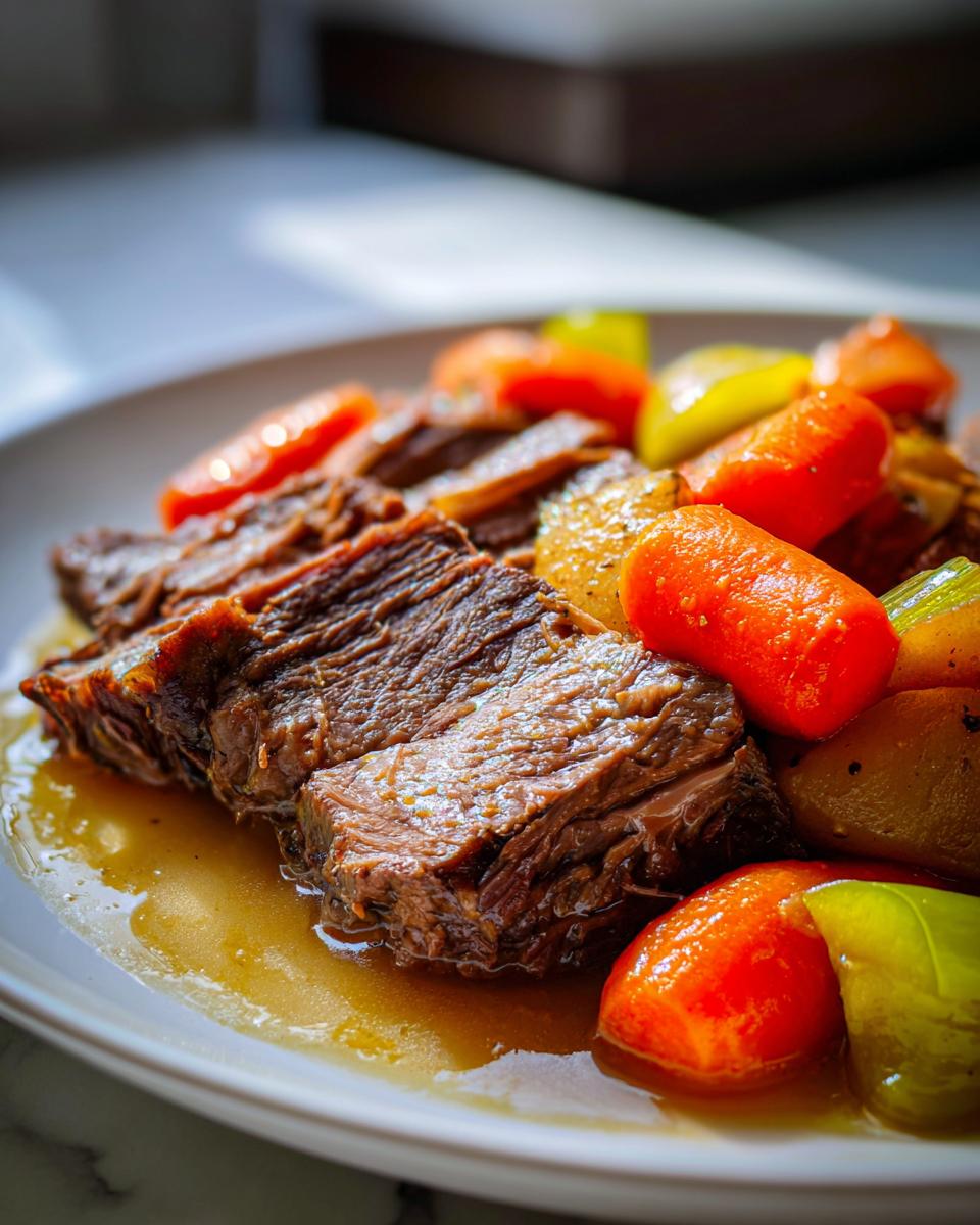 Close-up of tender sliced pot roast served with bright orange carrots and potatoes, perfect for Sunday dinner ideas.