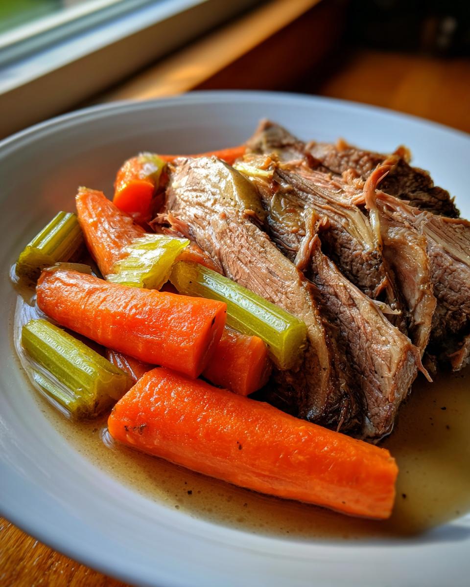 A plate of shredded pot roast served with large chunks of cooked carrots and celery, perfect for Sunday dinner ideas.