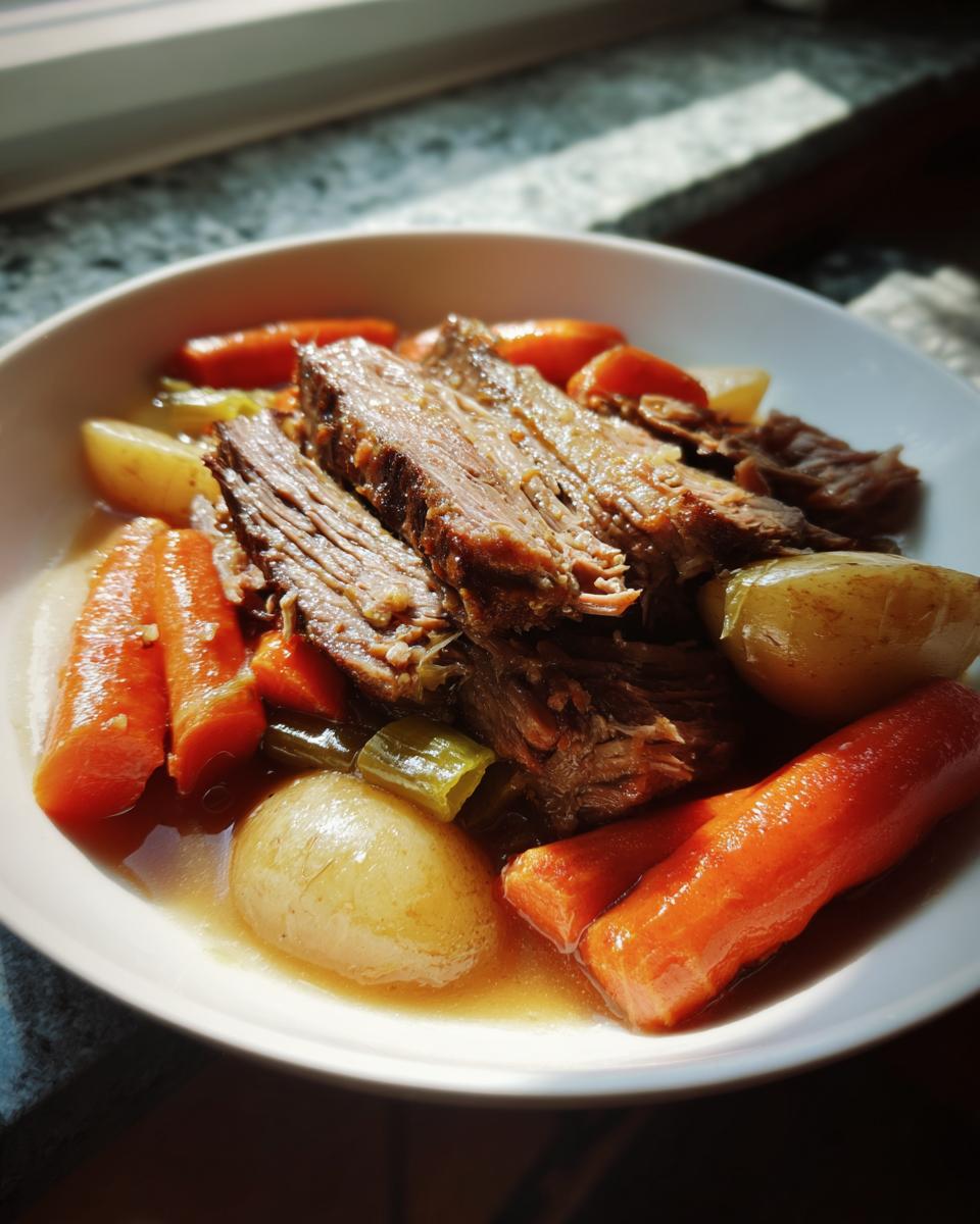 Shredded pot roast served with large chunks of carrots, potatoes, and onions in savory broth, perfect for Sunday dinner ideas.
