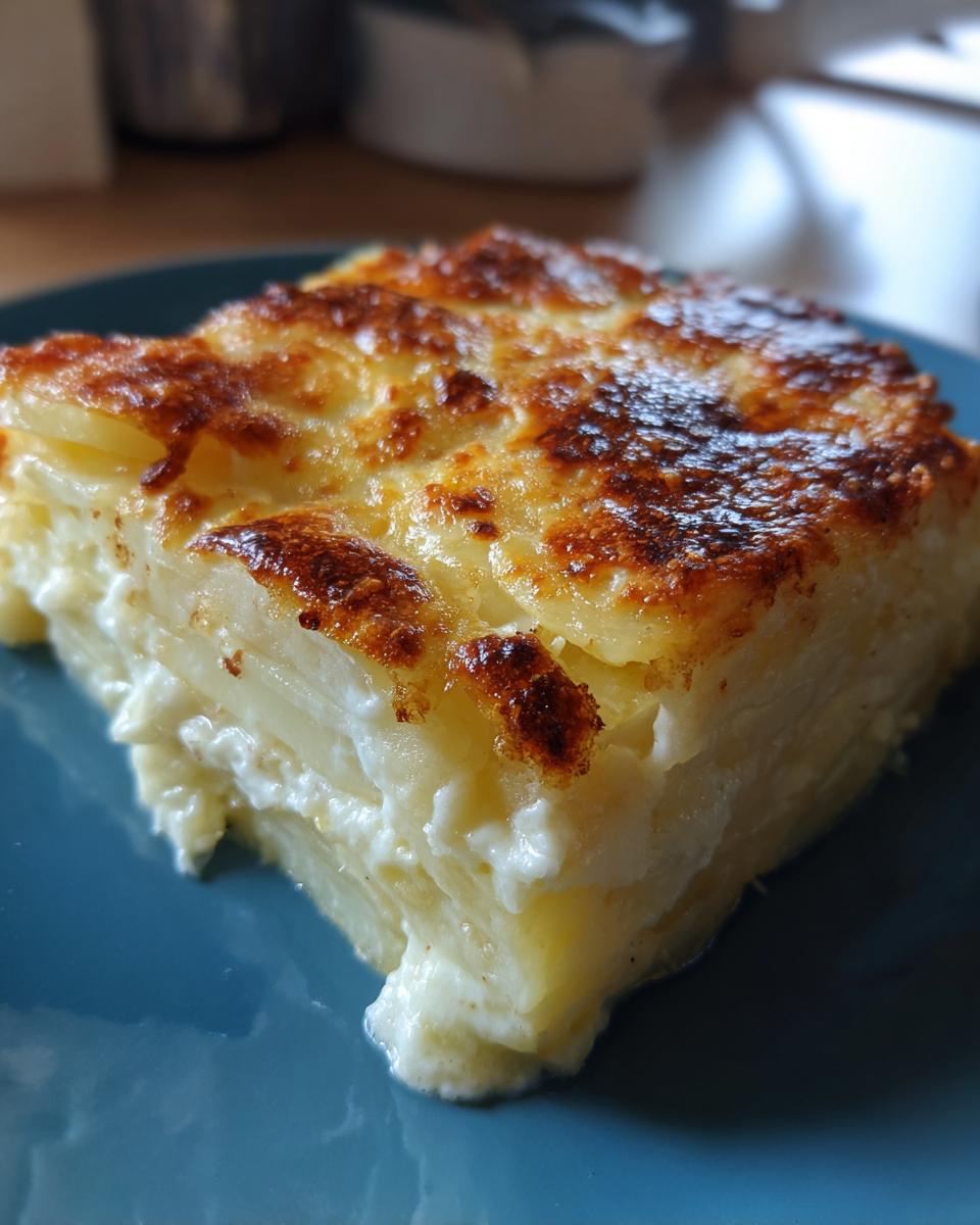 A close-up of a thick slice of creamy potatoes au gratin showing layers and a golden-brown, cheesy crust.