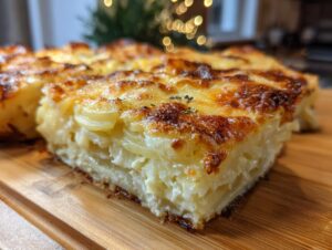 Close-up of a thick slice of creamy potatoes au gratin showing layered potatoes and a deeply browned, cheesy top.