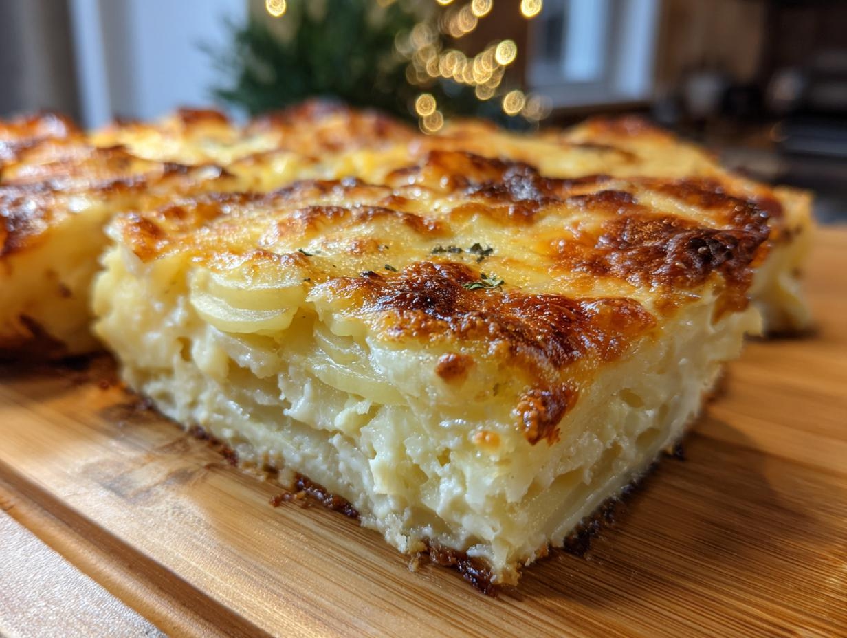 Close-up of a thick slice of creamy potatoes au gratin showing layered potatoes and a deeply browned, cheesy top.