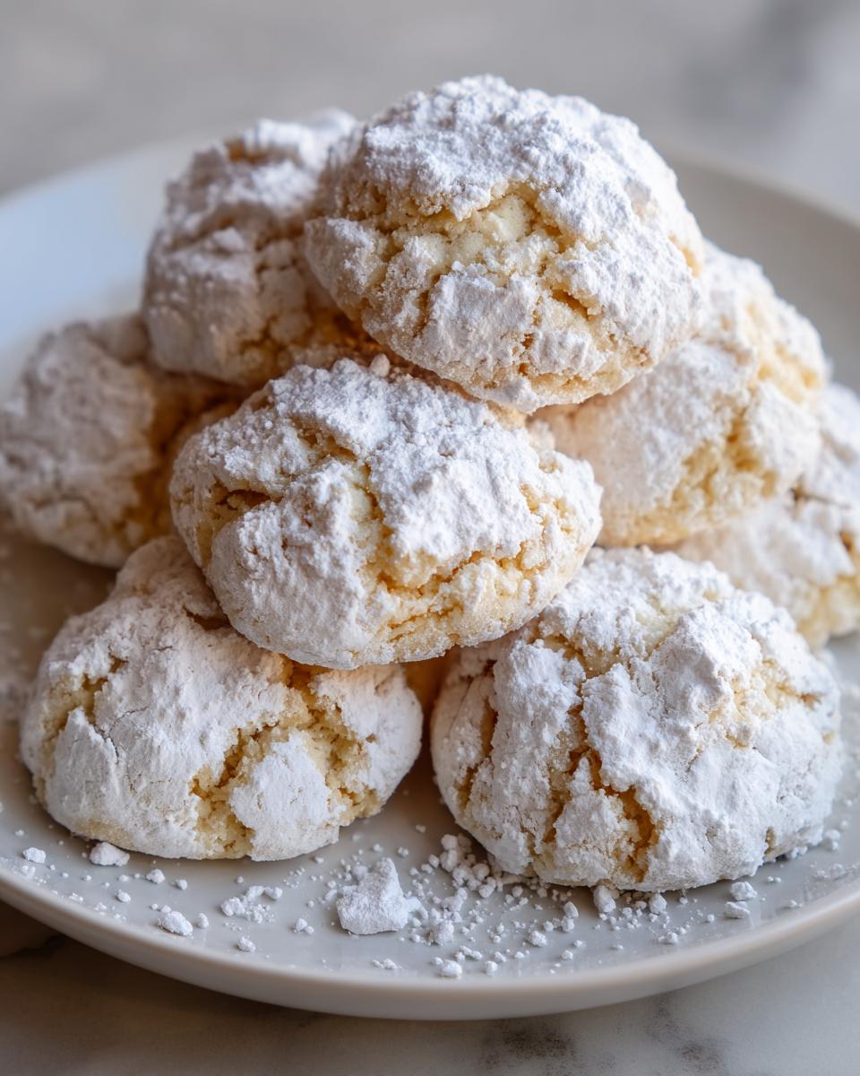 A close-up stack of soft, crinkle-top cool whip cookies heavily dusted with powdered sugar on a light gray plate.