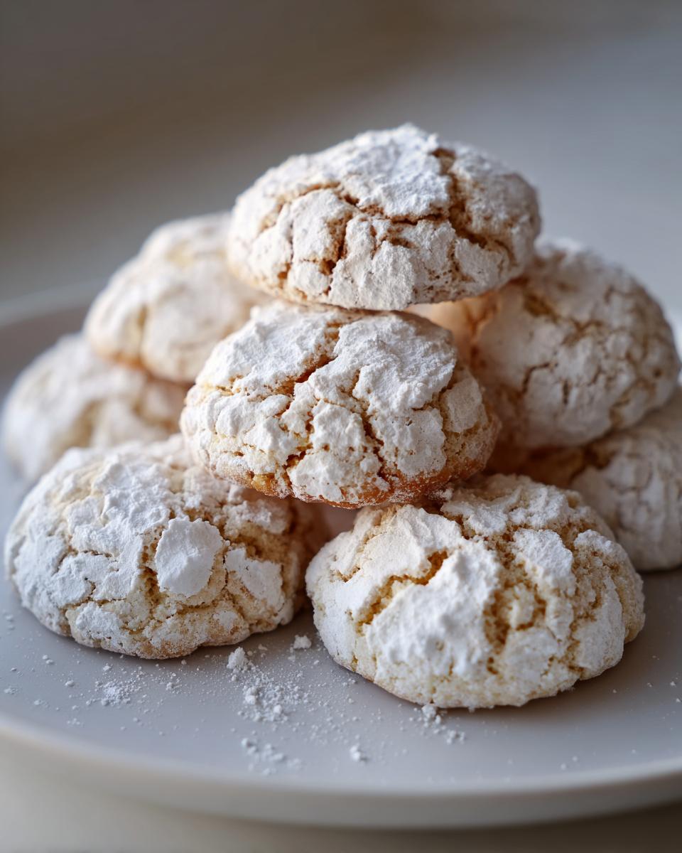 A stack of soft, crinkled cool whip cookies heavily dusted with powdered sugar on a light gray plate.