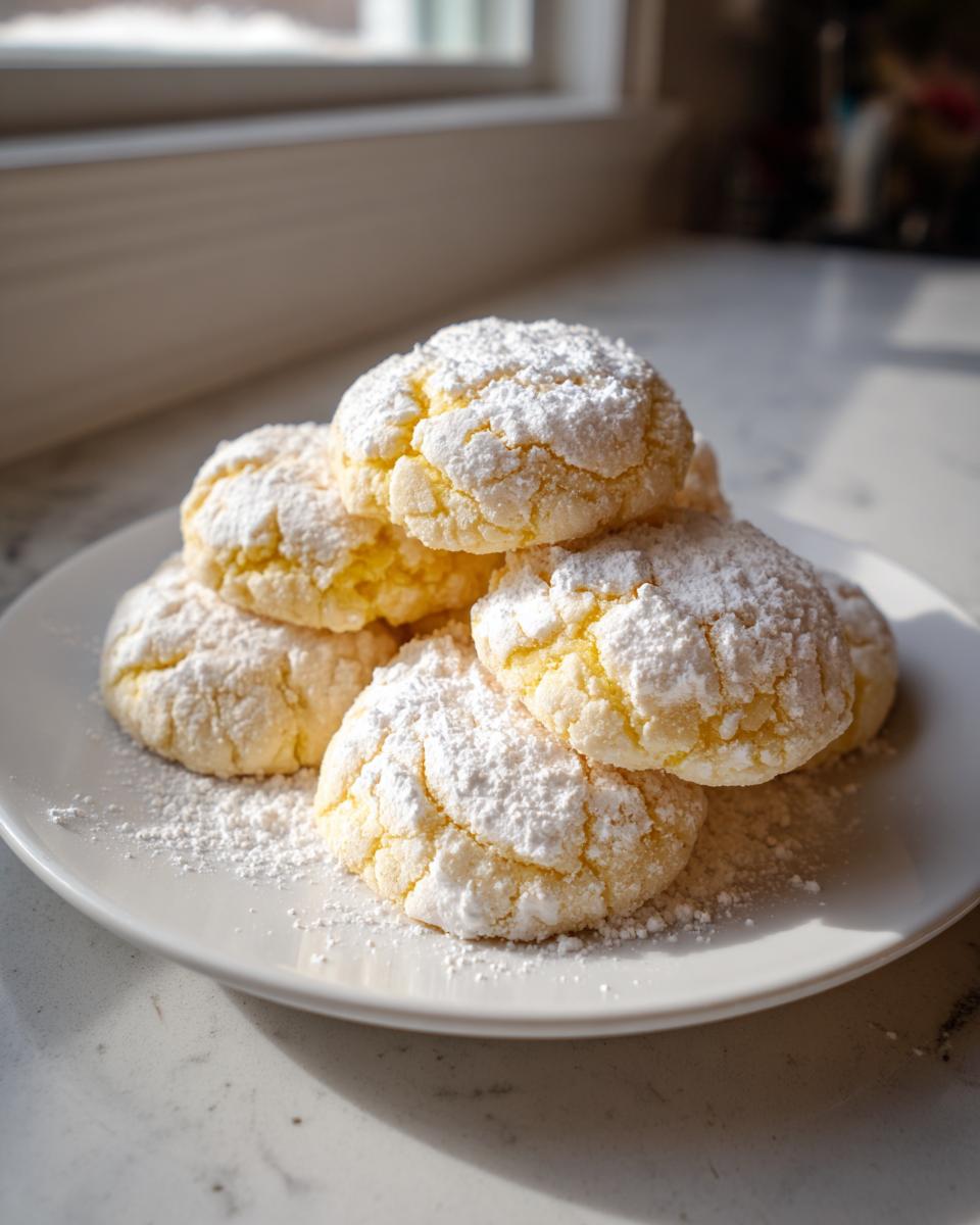 A stack of freshly baked lemon crinkle cookies heavily dusted with powdered sugar on a white plate.