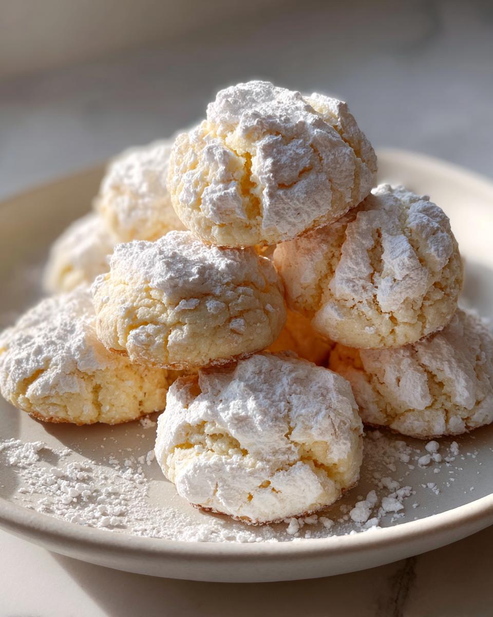 A close-up stack of soft, crinkle-topped cool whip cookies heavily dusted with powdered sugar on a light plate.