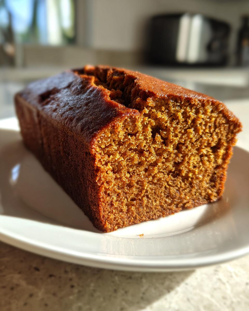 Close-up of a rich, golden-brown slice of Protein banana bread resting on a white plate in bright sunlight.