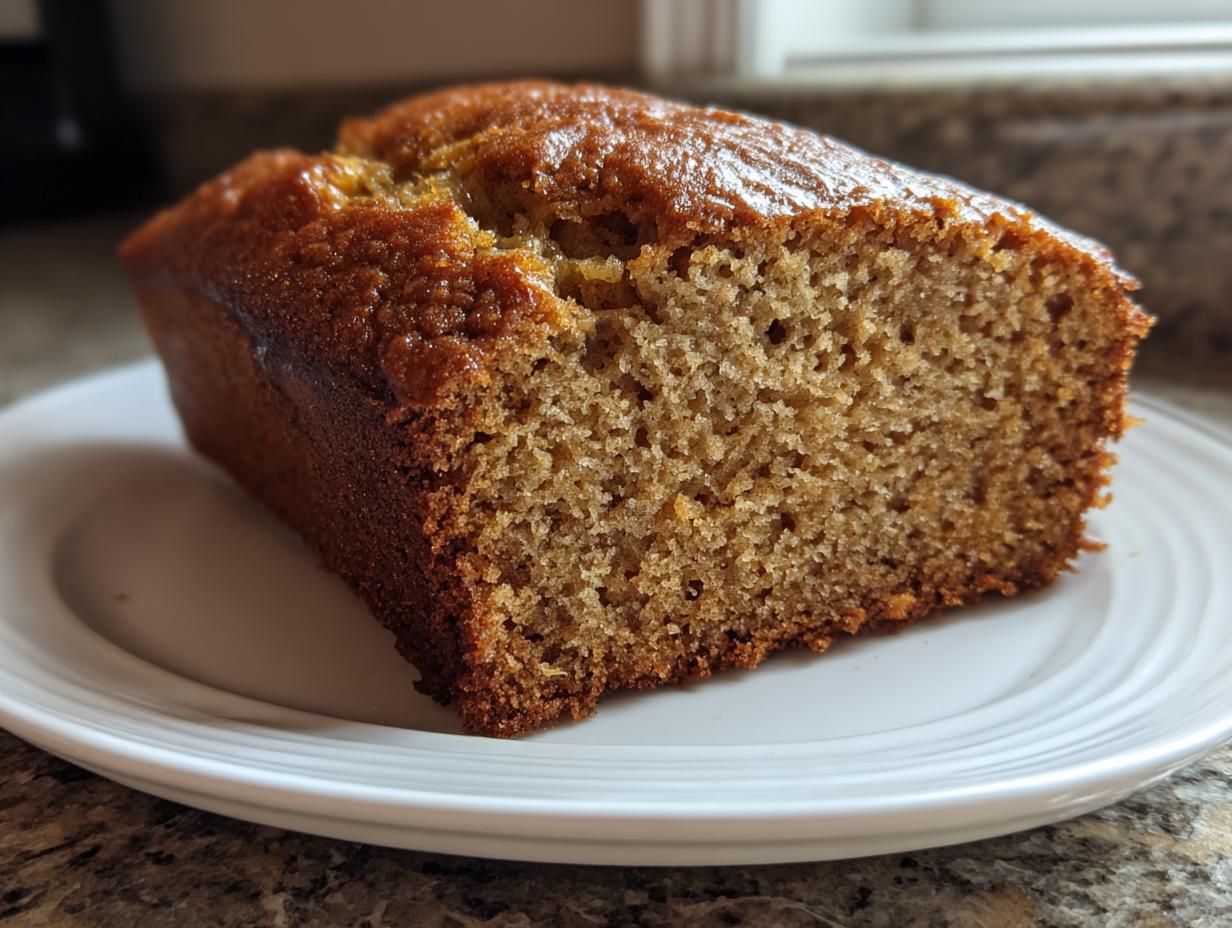 A close-up of a freshly baked slice of golden brown Protein banana bread loaf on a white plate.