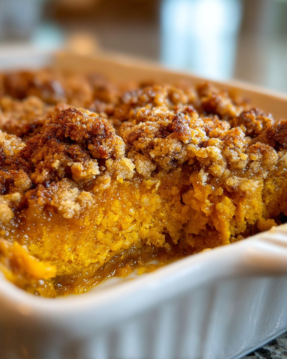 A close-up view showing the moist, orange filling and crunchy topping of the pumpkin pecan cobbler in a white baking dish.