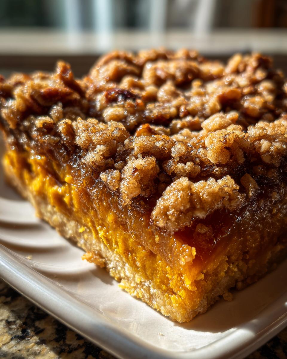A close-up, sunlit view of a rich slice of pumpkin pecan cobbler showing the bright orange filling and crunchy brown sugar pecan topping.