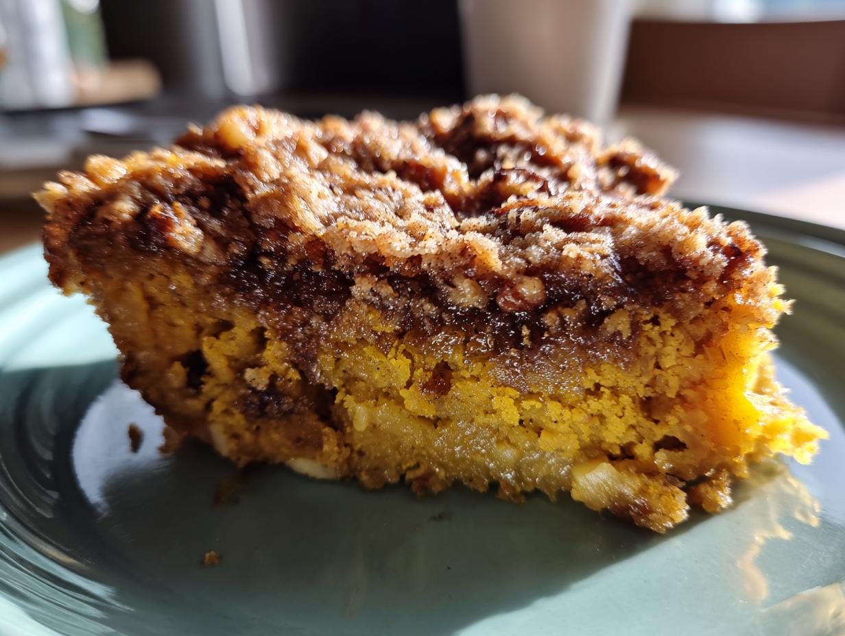Close-up of a moist slice of pumpkin pecan cobbler showing the bright orange filling and dark brown streusel topping.