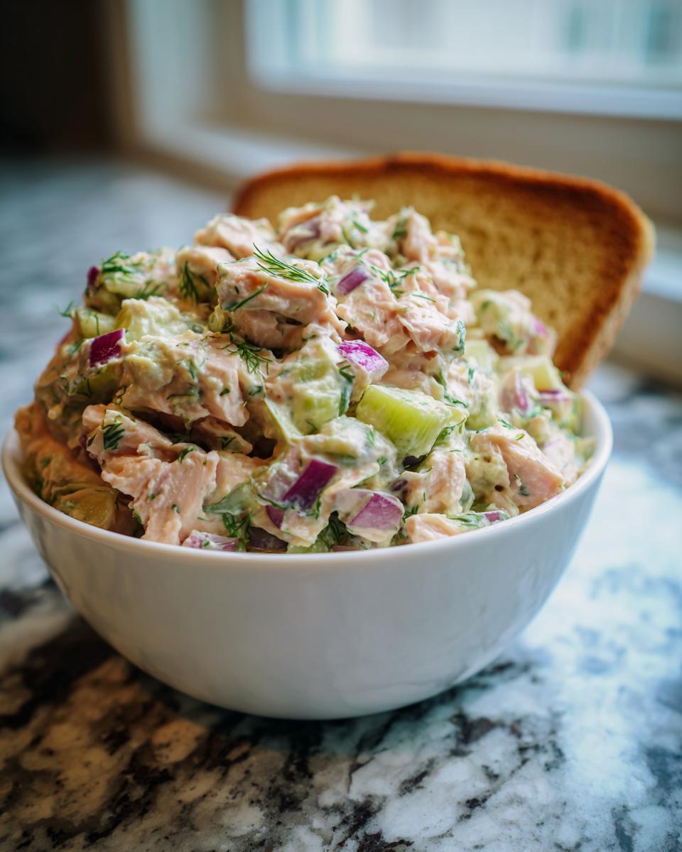 A close-up of creamy salmon salad mixed with red onion and cucumber, served in a white bowl with toast.