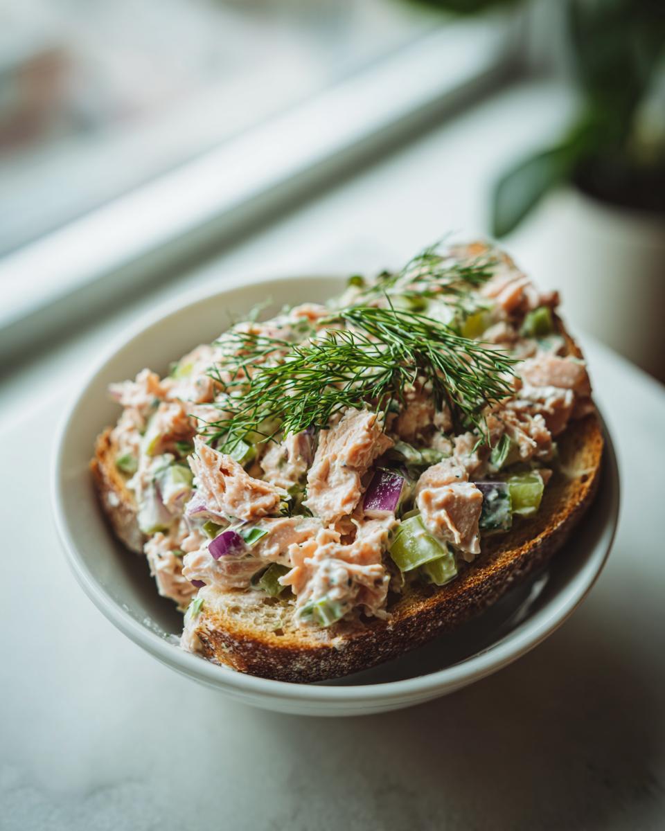 A close-up of creamy salmon salad with red onion and celery served open-faced on toasted bread, garnished with fresh dill.