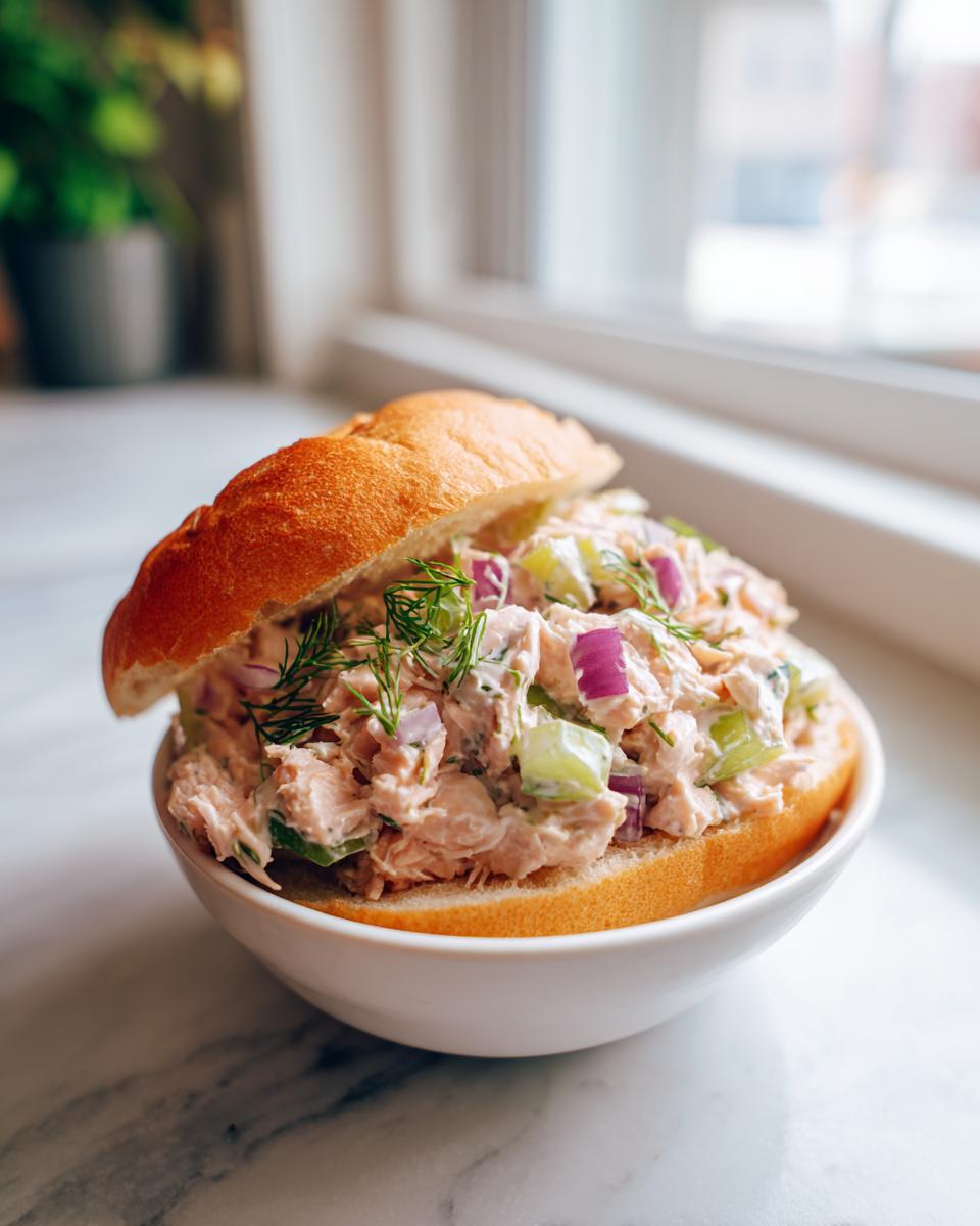 A generous serving of creamy salmon salad with red onion and celery stuffed into a toasted roll.