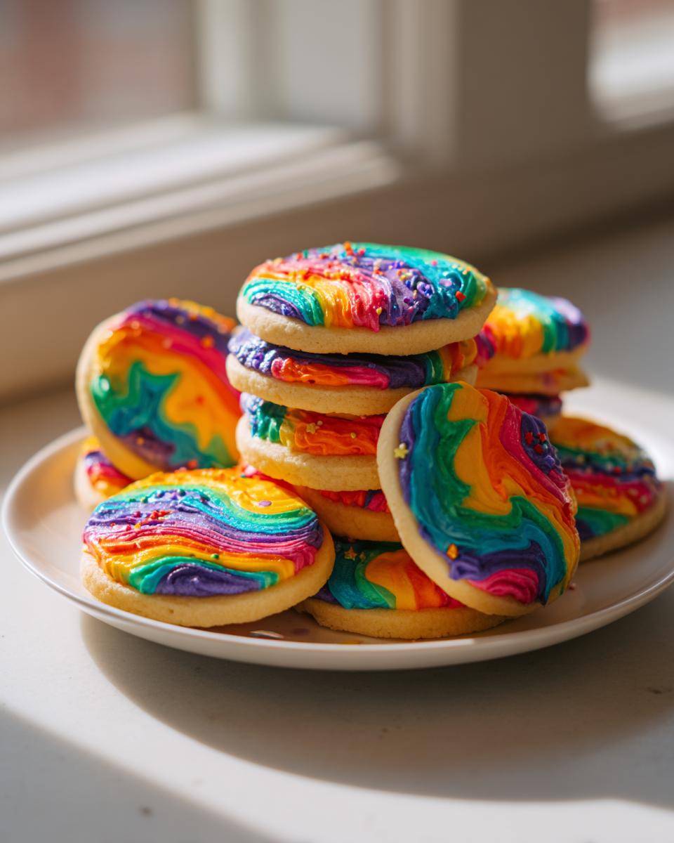 A stack of sugar cookies topped with vibrant, swirled rainbow sugar cookie icing and sprinkles.