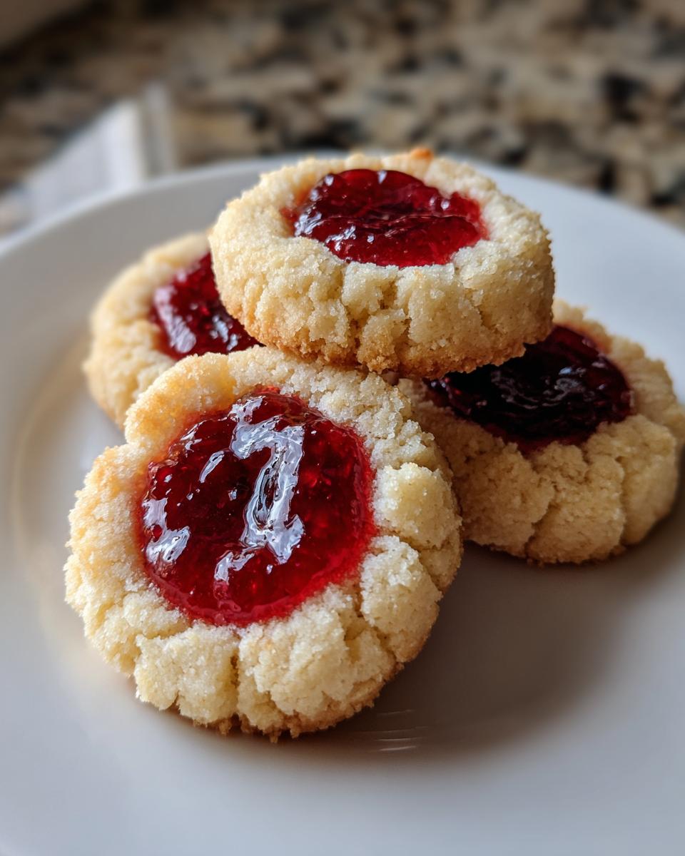 A stack of four buttery raspberry thumbprint cookies topped with bright red jam on a white plate.