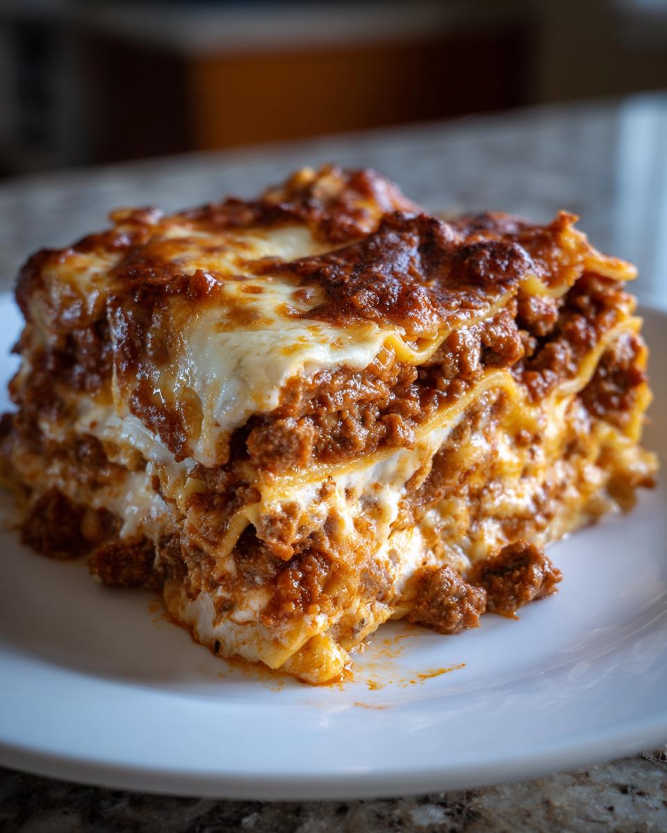 A thick, layered slice of baked ravioli lasagna with rich meat sauce and melted cheese on a white plate.