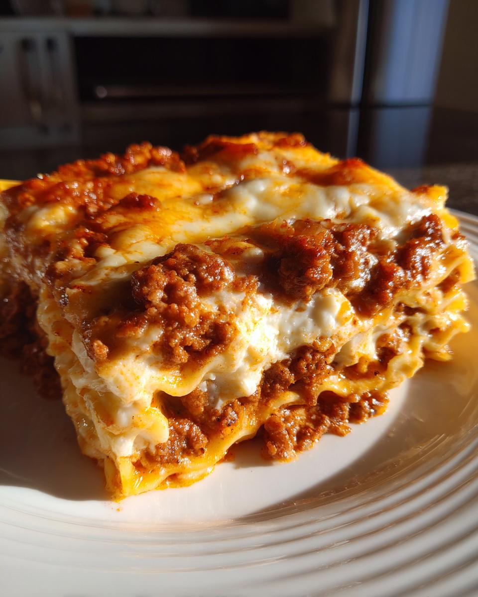 A close-up, sunlit slice of rich ravioli lasagna showing layers of pasta, meat sauce, and melted cheese.