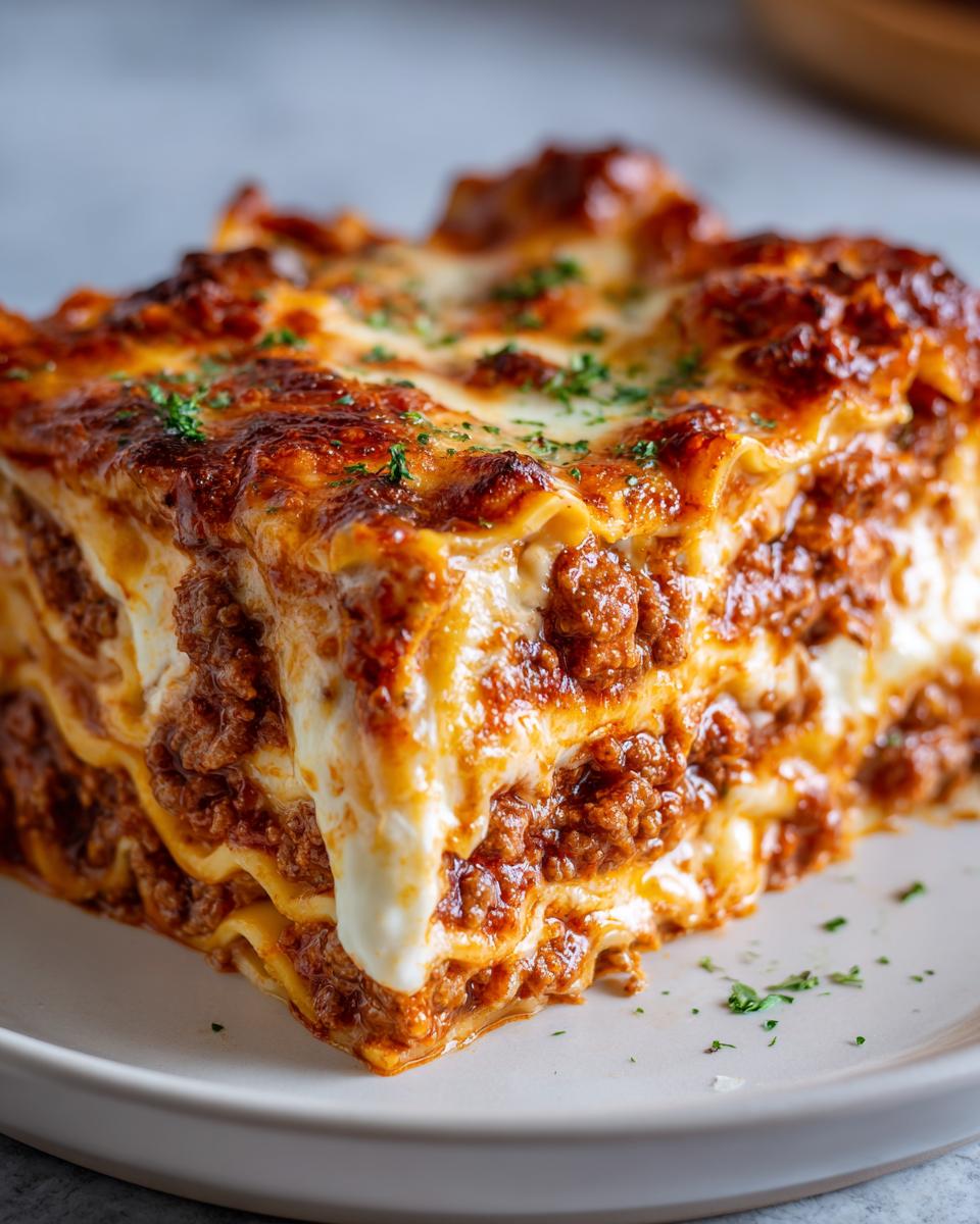 Close-up of a rich, cheesy slice of ravioli lasagna with browned top and meat sauce.