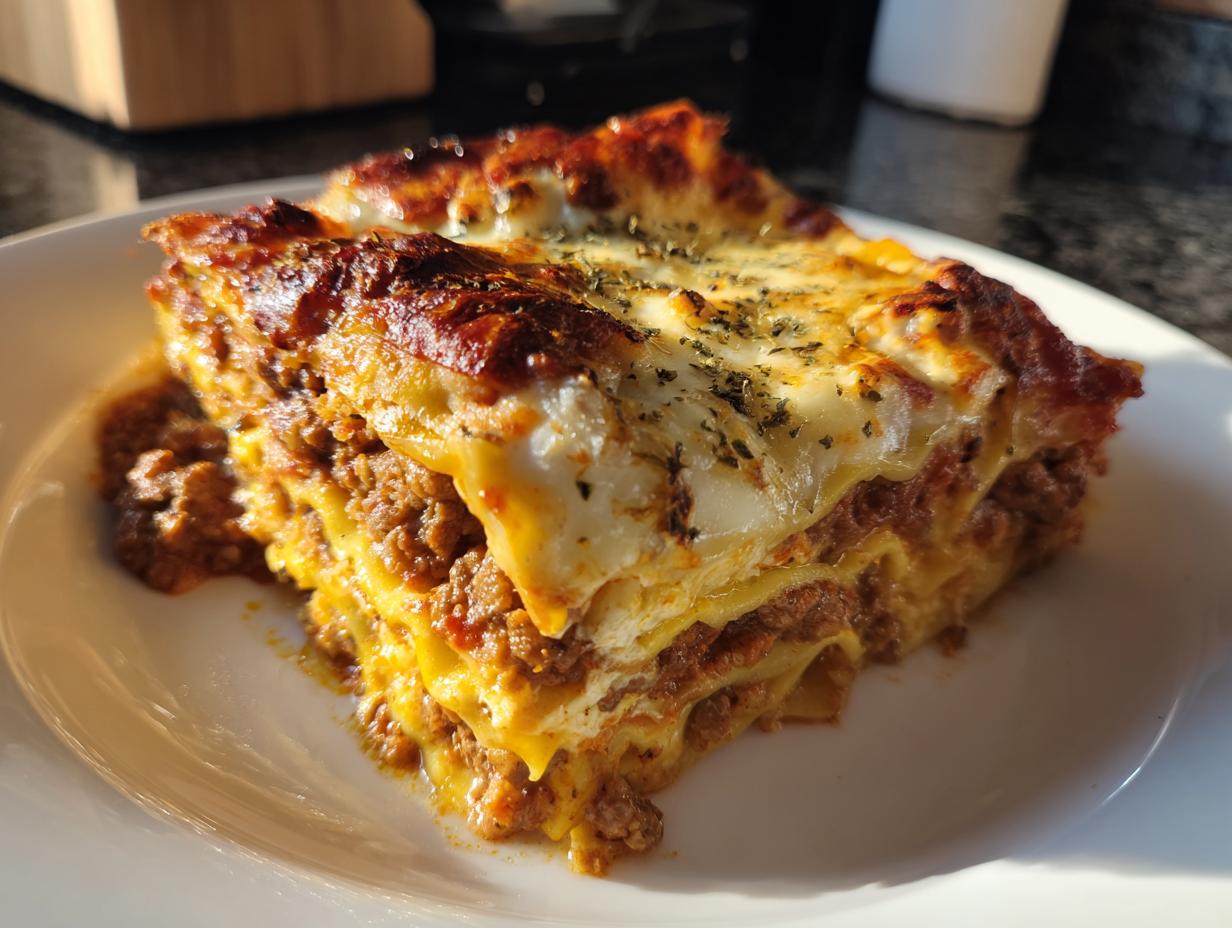 A close-up, golden-brown slice of baked ravioli lasagna with layers of meat sauce and melted cheese.