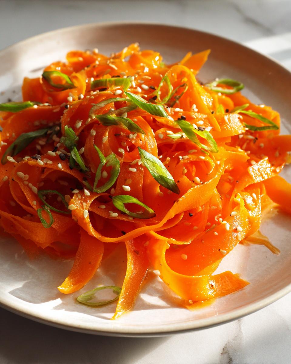 Close-up of a vibrant raw carrot salad made of shaved carrot ribbons, topped with green onions and sesame seeds.