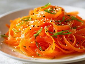 Close-up of vibrant orange ribbons in a raw carrot salad, topped with white and black sesame seeds and green scallions.