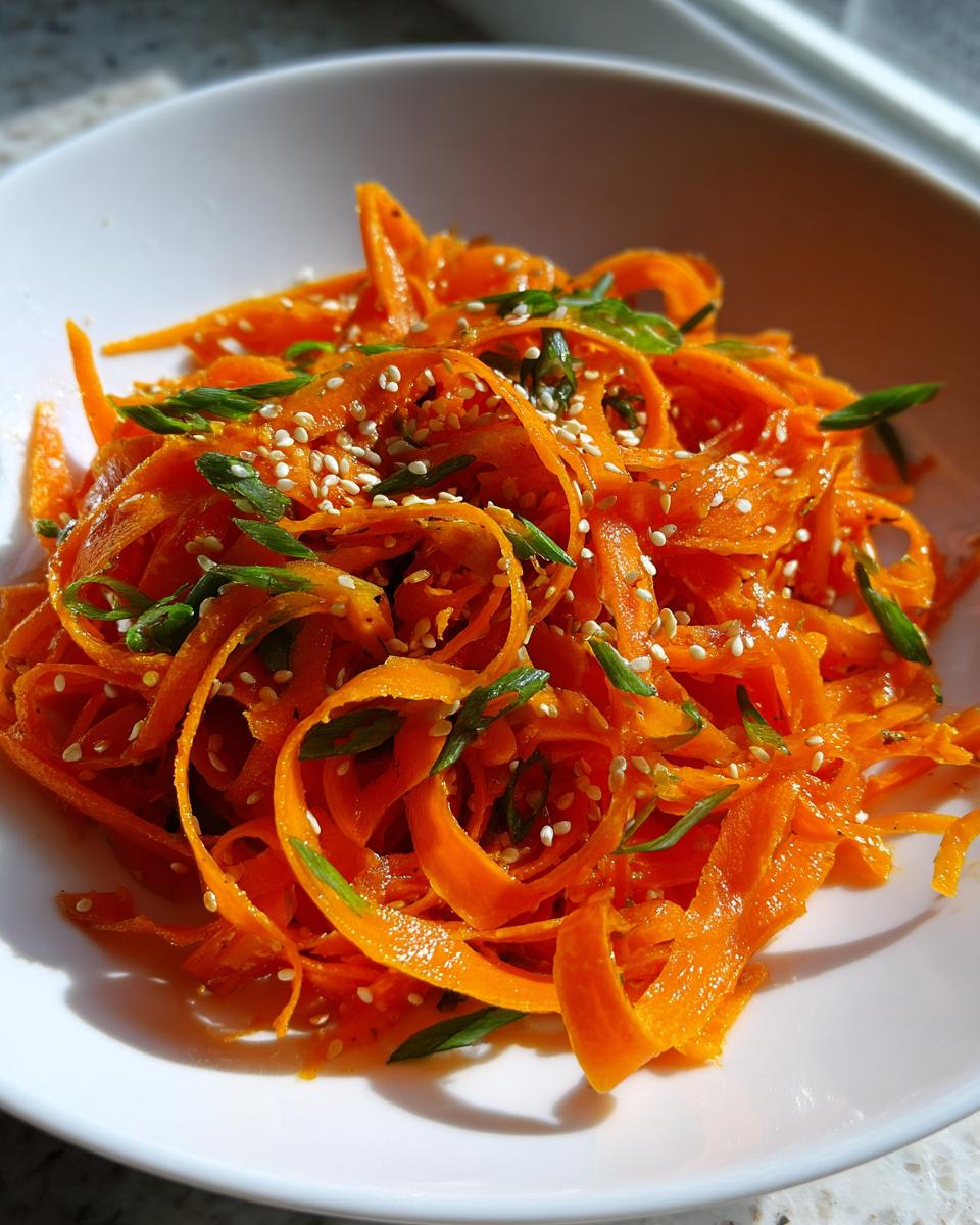 Close-up of a bright orange raw carrot salad made with shaved carrots, topped with sesame seeds and green onions.