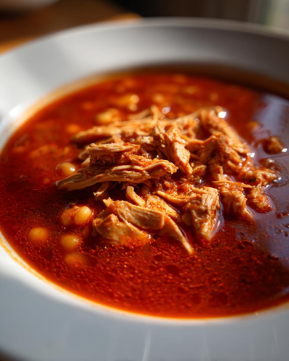 Close-up of a rich red broth soup featuring shredded chicken and hominy kernels, characteristic of chicken pozole.
